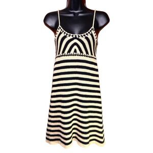 Miou Muse Crochet Mini SunDress Beige Black Stripe Spaghetti Strap Size Small